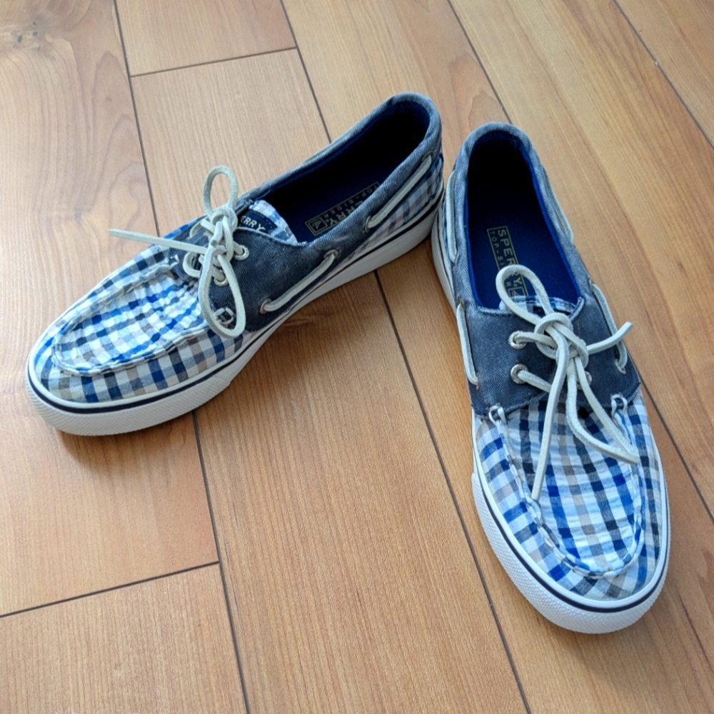 Sperry Women's Top Sider Plaid Canvas Blue & White Boat Shoes Size US 7M